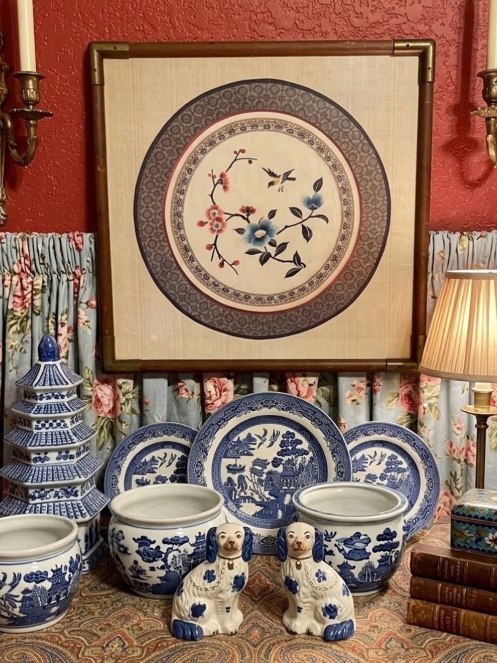 Vintage Chinoiserie MCM Embroidered Flowers Birds on Silk Textile Brass Corners